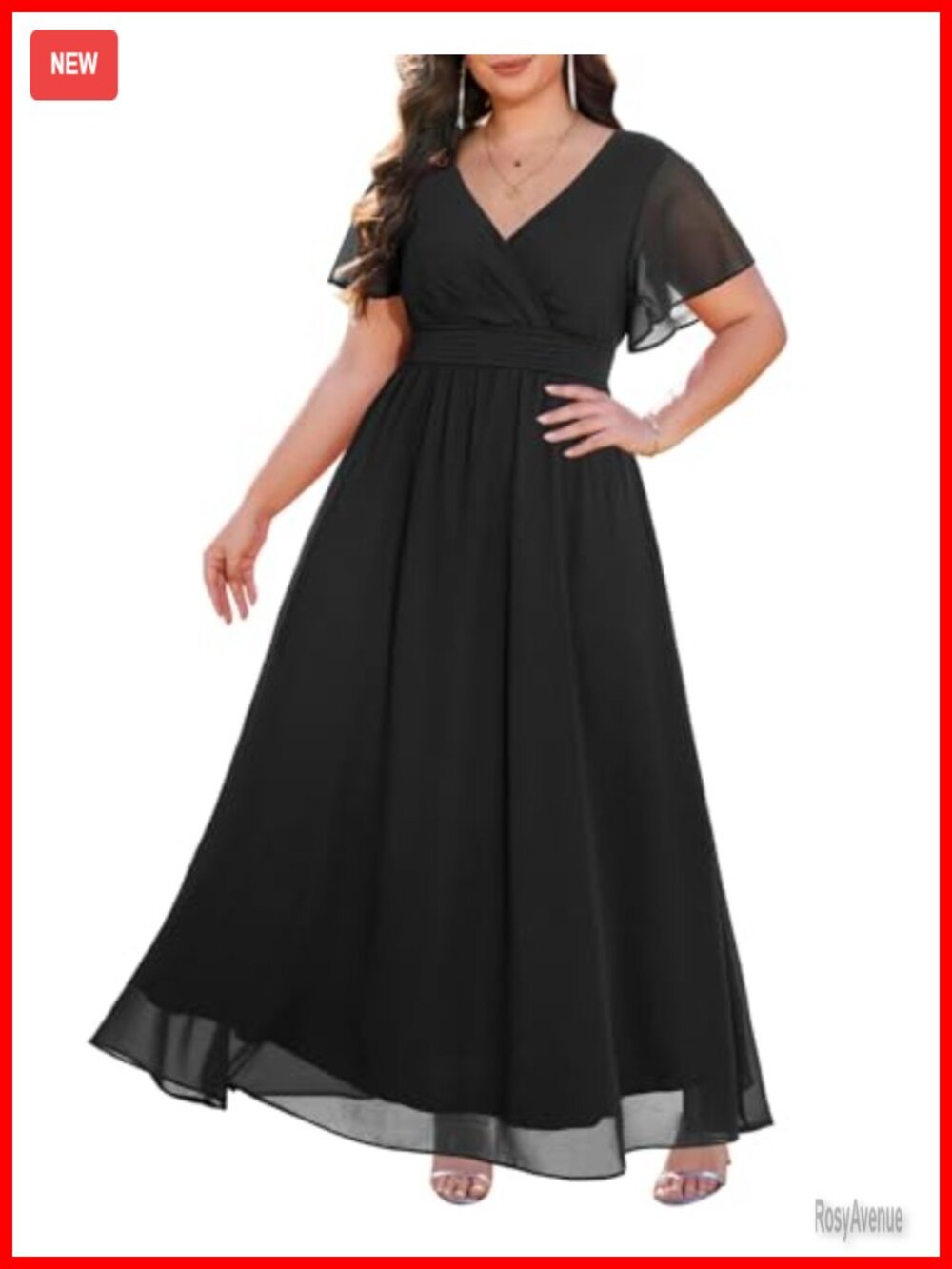 Plus Size Sequin & Chiffon Flutter Sleeve Maxi Formal Wedding Guest Dress